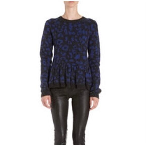 Sea New York Blue Leopard Print Peplum Ruffle Balloon Sleeve Alpaca Sweater - Picture 2 of 9